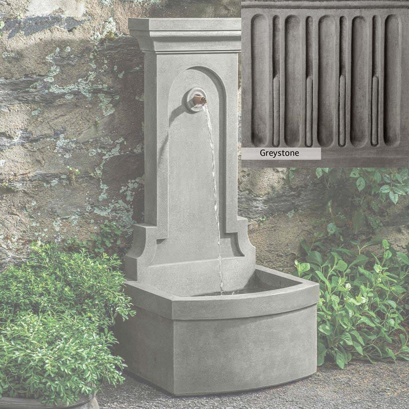 Greystone Patina for the Campania International Loggia Fountain, a classic gray, soft, and muted, blends nicely in the garden.