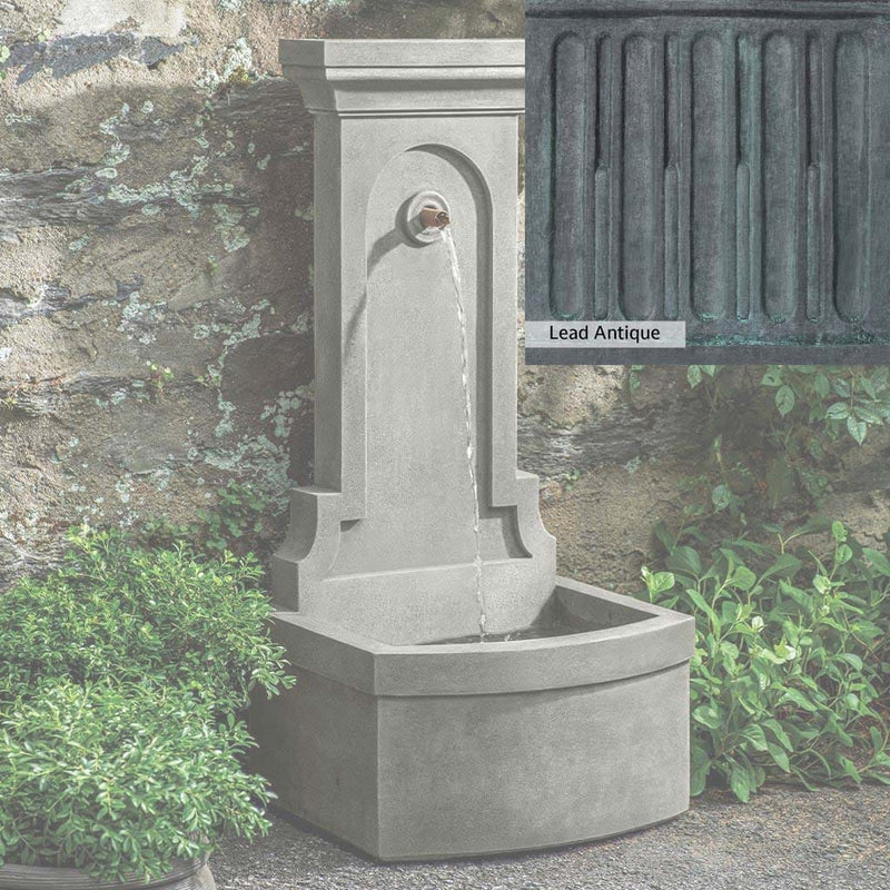 Lead Antique Patina for the Campania International Loggia Fountain, deep blues and greens blended with grays for an old-world garden.