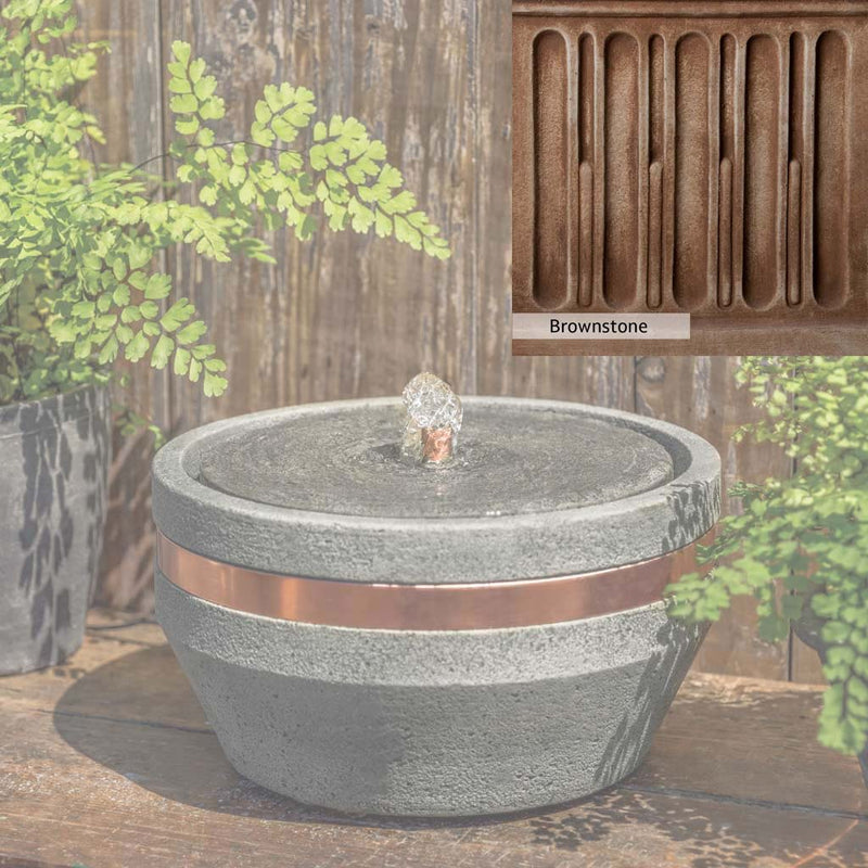 Brownstone Patina for the Campania International M-Series Bevel Fountain, brown blended with hints of red and yellow, works well in the garden.