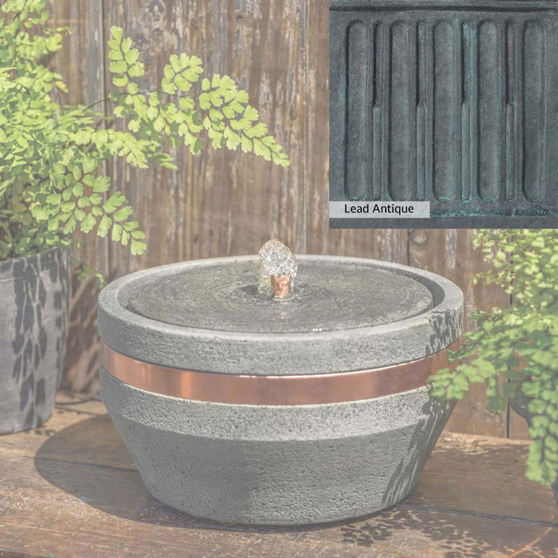 Lead Antique Patina for the Campania International M-Series Bevel Fountain, deep blues and greens blended with grays for an old-world garden.