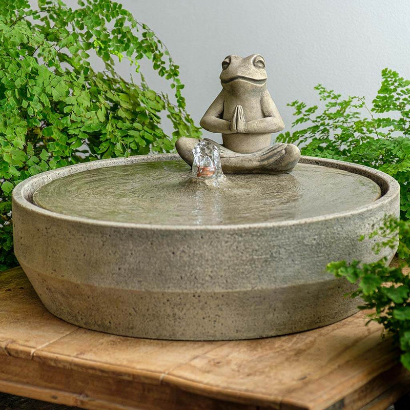 Campania International Yoga Frog Beveled Fountain is made of cast stone by Campania International and shown in the Alpine Stone Patina