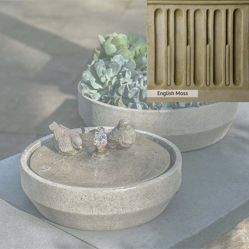 English Moss Patina for the Campania International Beveled Songbird Fountain, green blended into a soft pallet with a light undertone of gray.