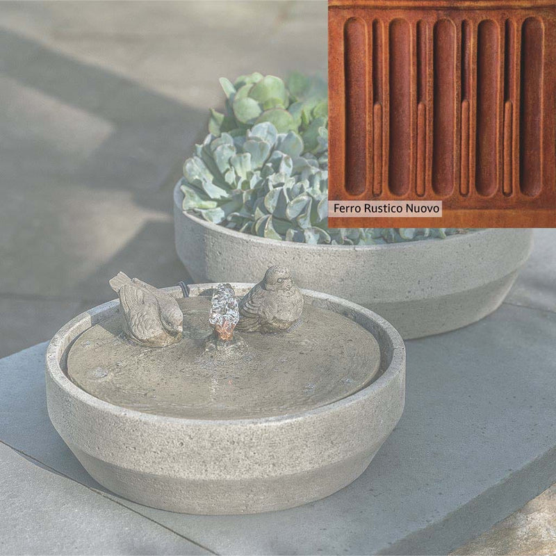 Ferro Rustico Nuovo Patina for the Campania International Beveled Songbird Fountain, red and orange blended in this striking color for the garden.