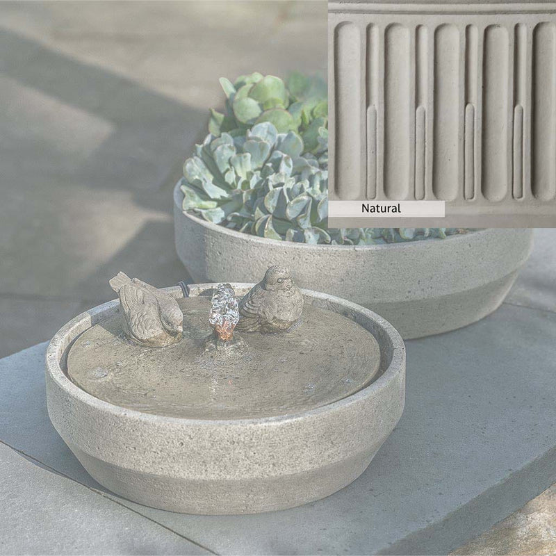 Natural Patina for the Campania International Beveled Songbird Fountain is unstained cast stone the brightest and whitest that ages over time.