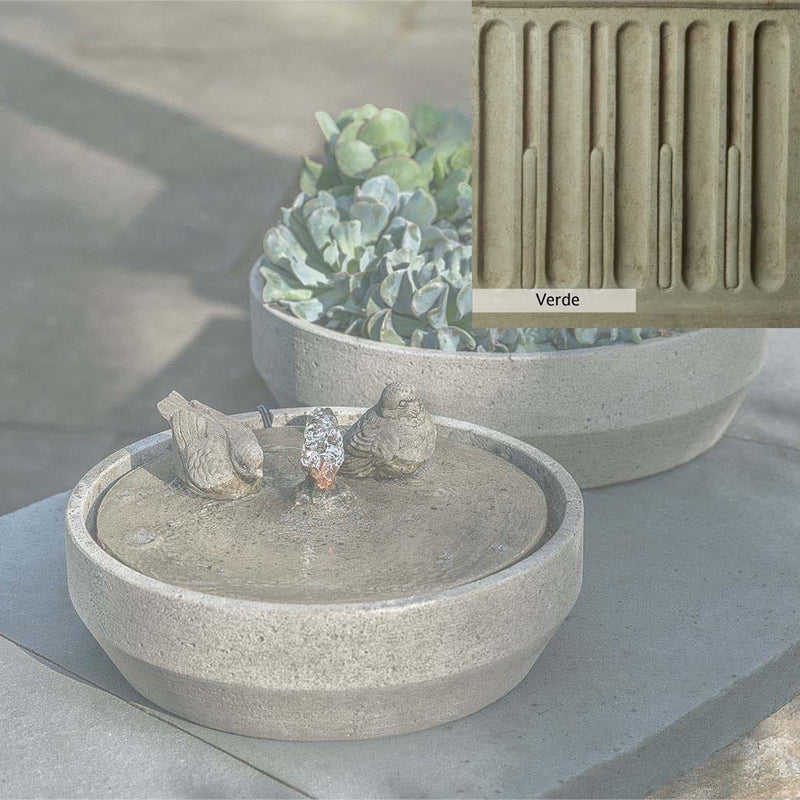 Verde Patina for the Campania International Beveled Songbird Fountain, green and gray come together in a soft tone blended into a soft green.