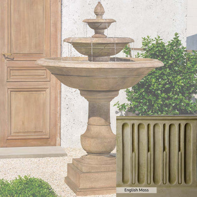 English Moss Patina for the Campania International Savannah Fountain, green blended into a soft pallet with a light undertone of gray.