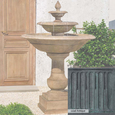 Lead Antique Patina for the Campania International Savannah Fountain, deep blues and greens blended with grays for an old-world garden.