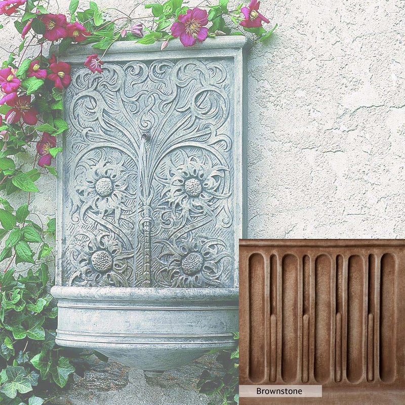 Brownstone Patina for the Campania International Sussex Wall Fountain, brown blended with hints of red and yellow, works well in the garden.