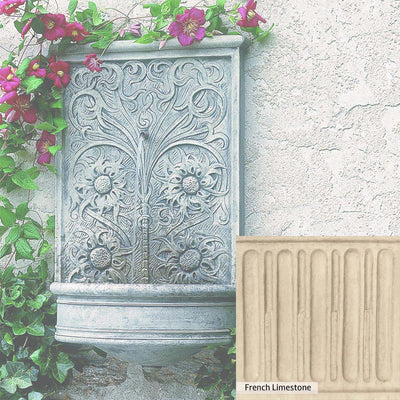 French Limestone Patina for the Campania International Sussex Wall Fountain, old-world creamy white with ivory undertones.