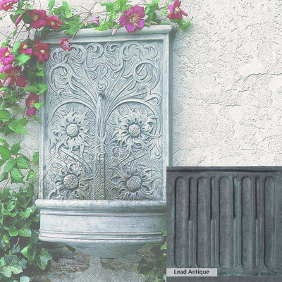 Lead Antique Patina for the Campania International Sussex Wall Fountain, deep blues and greens blended with grays for an old-world garden.