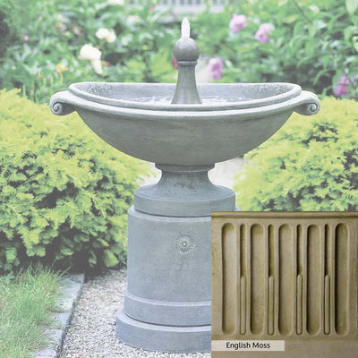 English Moss Patina for the Campania International Medici Ellipse Fountain, green blended into a soft pallet with a light undertone of gray.
