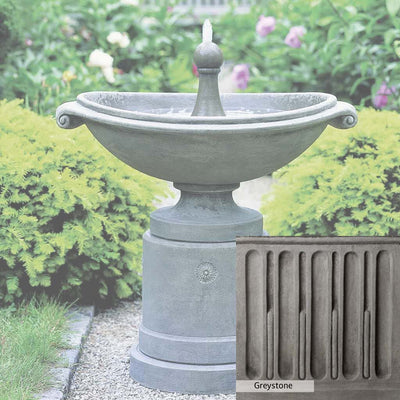 Greystone Patina for the Campania International Medici Ellipse Fountain, a classic gray, soft, and muted, blends nicely in the garden.