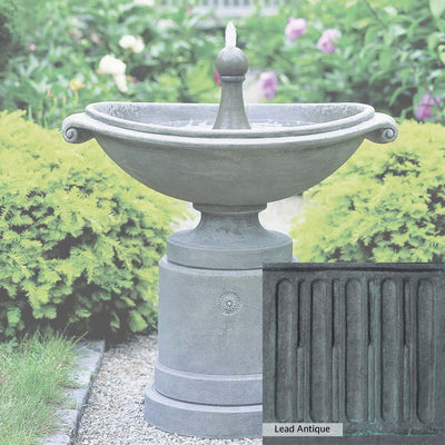 Lead Antique Patina for the Campania International Medici Ellipse Fountain, deep blues and greens blended with grays for an old-world garden.