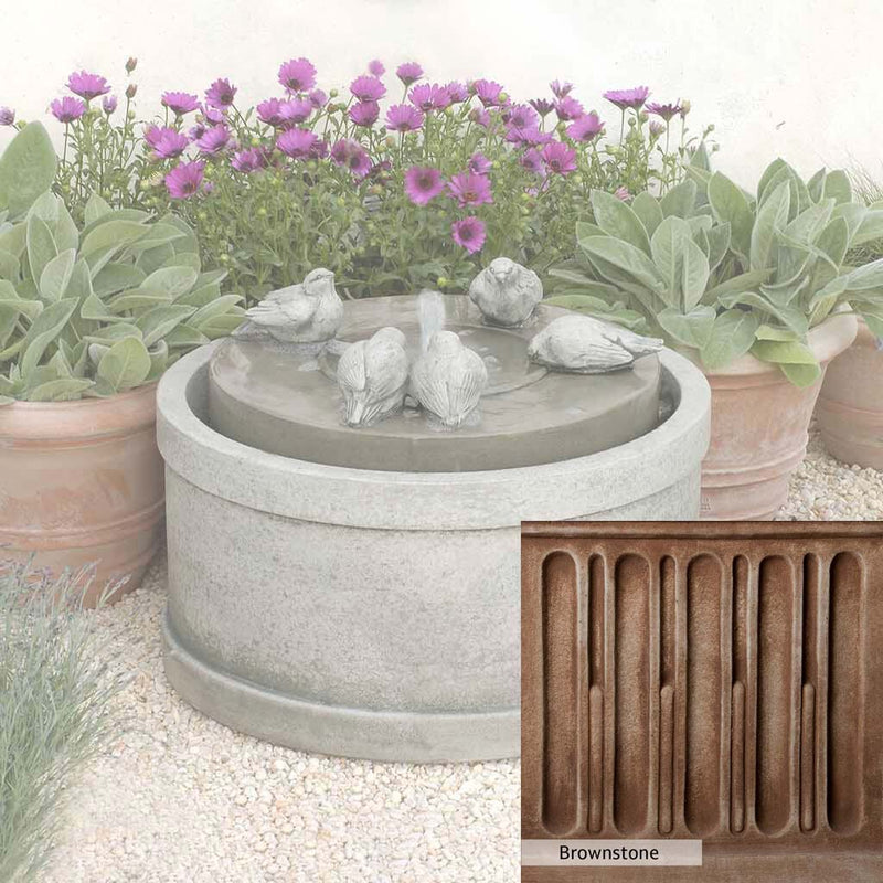 Brownstone Patina for the Campania International Passaros Fountain, brown blended with hints of red and yellow, works well in the garden.