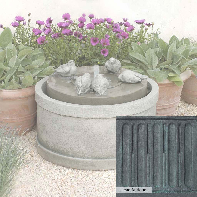 Lead Antique Patina for the Campania International Passaros Fountain, deep blues and greens blended with grays for an old-world garden.