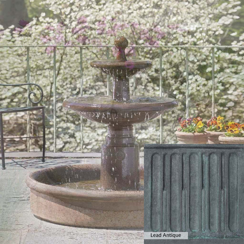 Lead Antique Patina for the Campania International Esplanade Two Tier Fountain, deep blues and greens blended with grays for an old-world garden.