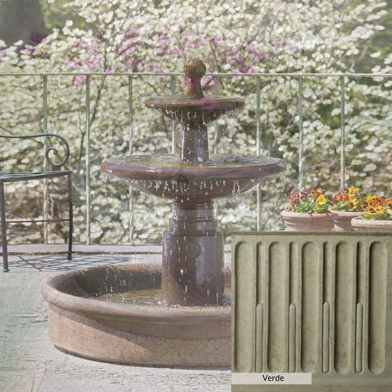 Verde Patina for the Campania International Esplanade Two Tier Fountain, green and gray come together in a soft tone blended into a soft green.