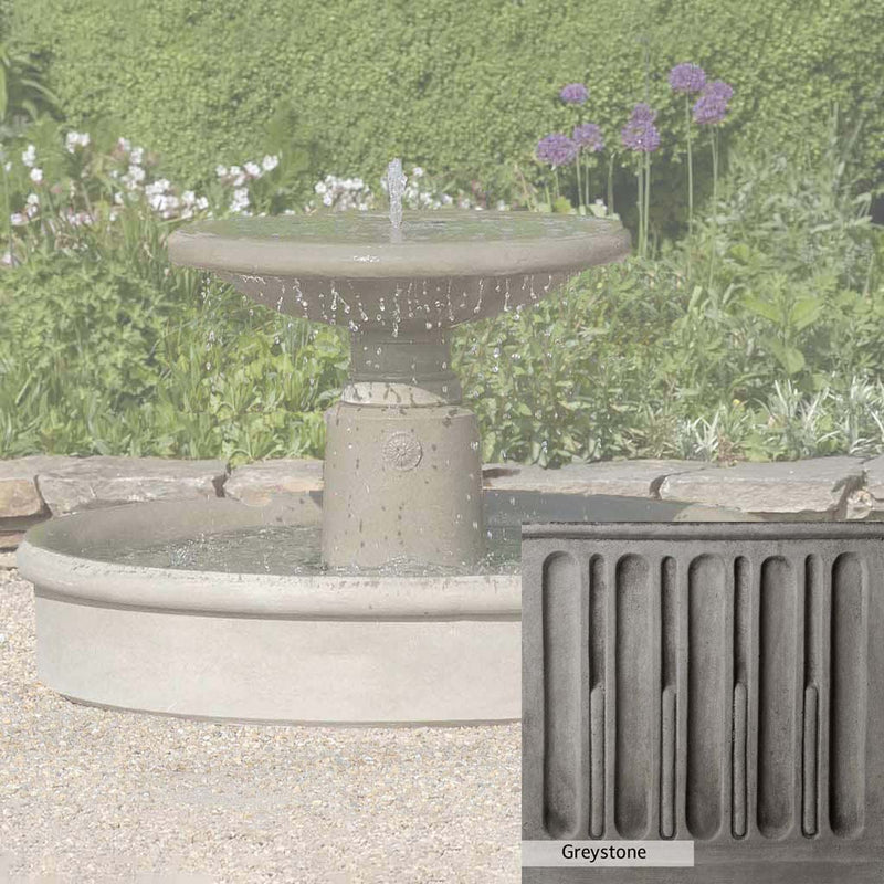 Greystone Patina for the Campania International Esplanade Fountain, a classic gray, soft, and muted, blends nicely in the garden.