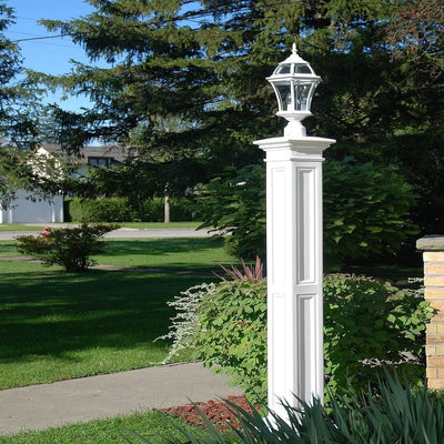 The Mayne Liberty Lamp Post with Mount, in the white finish, installed for curb appeal.