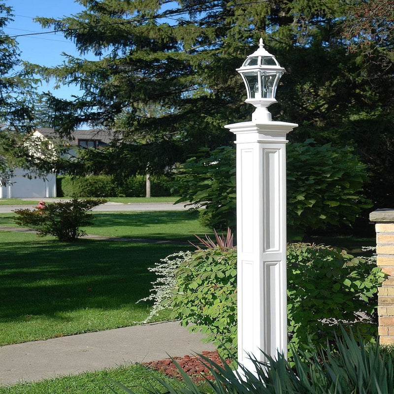 The Mayne Liberty Lamp Post with no mount, in the white finish, installed for curb appeal.