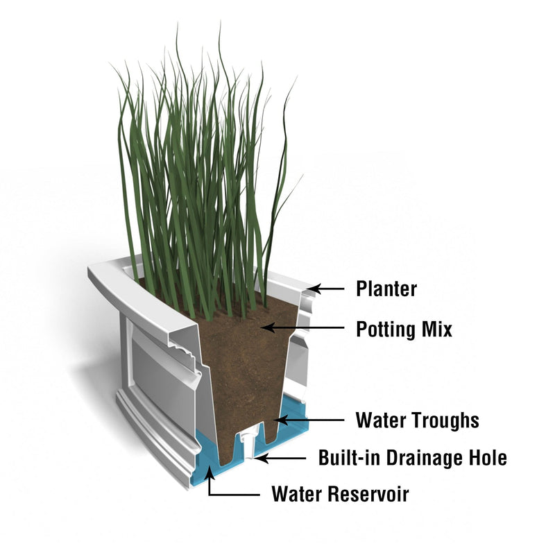 The Mayne Nantucket 4ft Window Box Planter cross section instructions on how the self-watering process works.