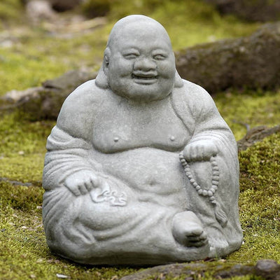Campania International Ho Tai Buddha, set in the garden to adding charm an meaning. The statue is shown in the Alpine Stone Patina.