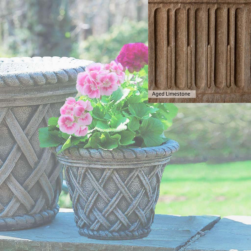 Aged Limestone Patina for the Campania International English Weave Small Planter, brown, orange, and green for an old stone look.
