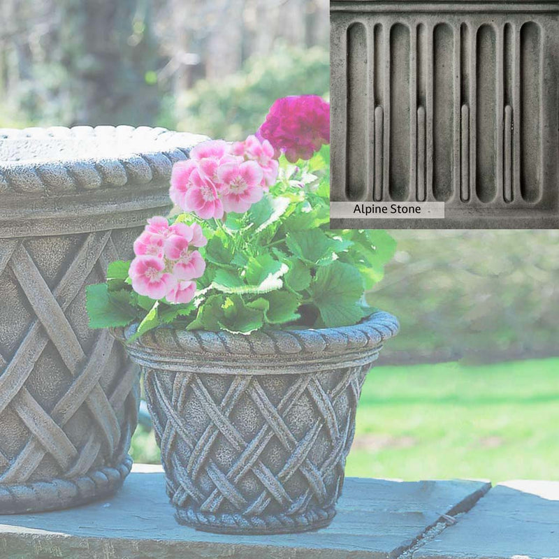 Alpine Stone Patina for the Campania International English Weave Small Planter, a medium gray with a bit of green to define the details.