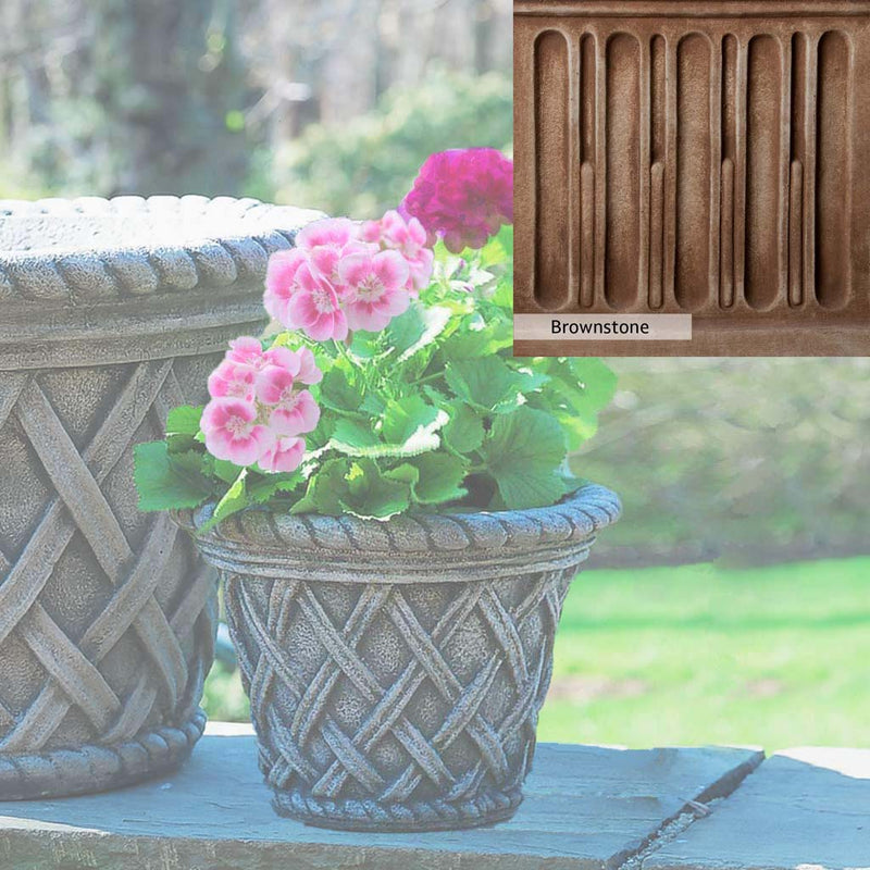Brownstone Patina for the Campania International English Weave Small Planter, brown blended with hints of red and yellow, works well in the garden.
