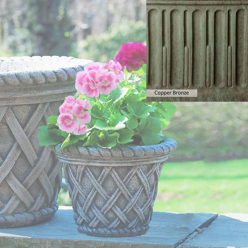 Copper Bronze Patina for theCampania International English Weave Small Planter, blues and greens blended into the look of aged copper.