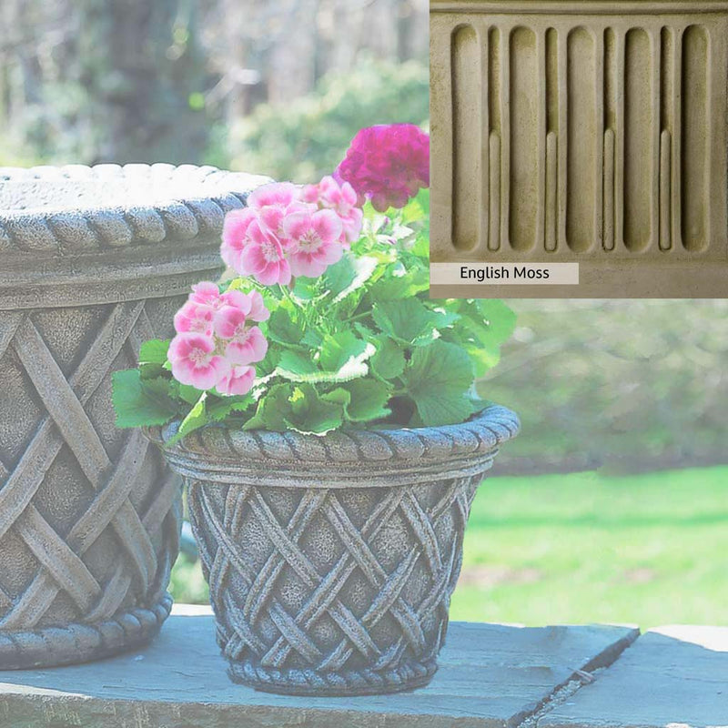 English Moss Patina for the Campania International English Weave Small Planter, green blended into a soft pallet with a light undertone of gray.