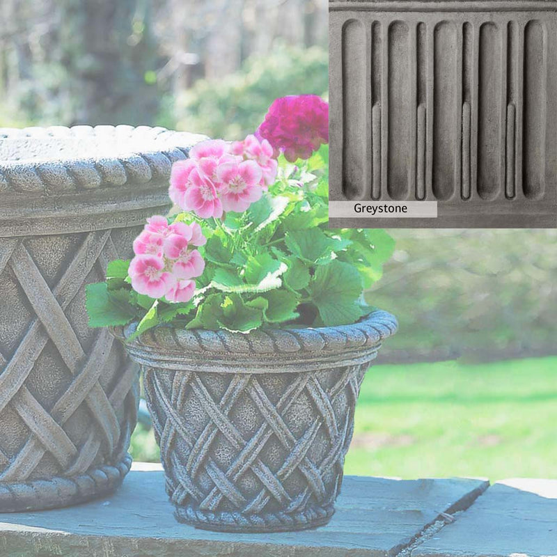 Greystone Patina for the Campania International English Weave Small Planter , a classic gray, soft, and muted, blends nicely in the garden.
