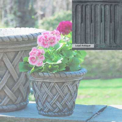 The Lead Antique Patina for the Campania International English Weave Small Planter, aged blue and grey layered to give the look of a classic antique lead patina.