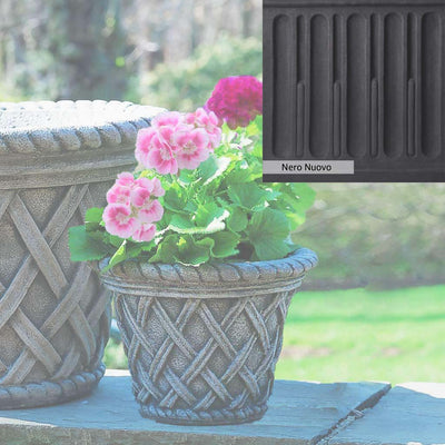 Nero Nuovo Patina for theCampania International English Weave Small Planter, bold dramatic black patina for the garden.