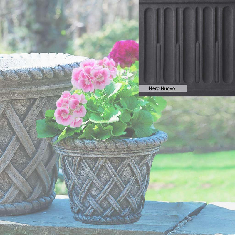 Nero Nuovo Patina for theCampania International English Weave Small Planter, bold dramatic black patina for the garden.
