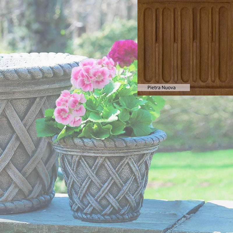 Pietra Nuova Patina for the Campania International English Weave Small Planter, a rich brown blended with black and orange.