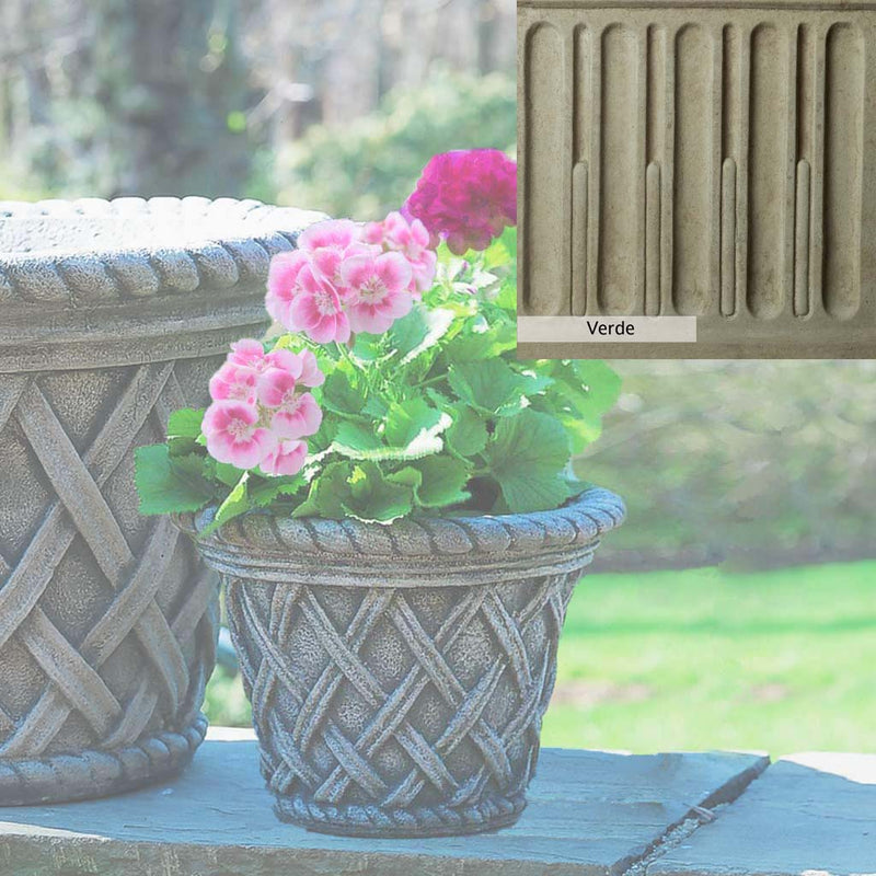Verde Patina for the Campania International English Weave Small Planter, green and gray come together in a soft tone blended into a soft green.