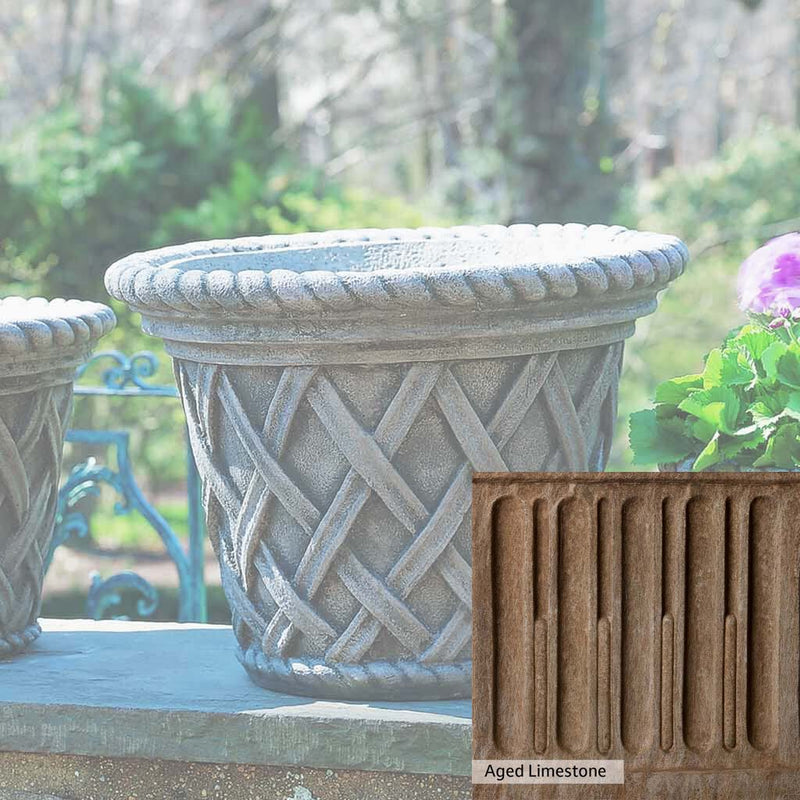 Aged Limestone Patina for the Campania International English Weave Large Planter, brown, orange, and green for an old stone look.