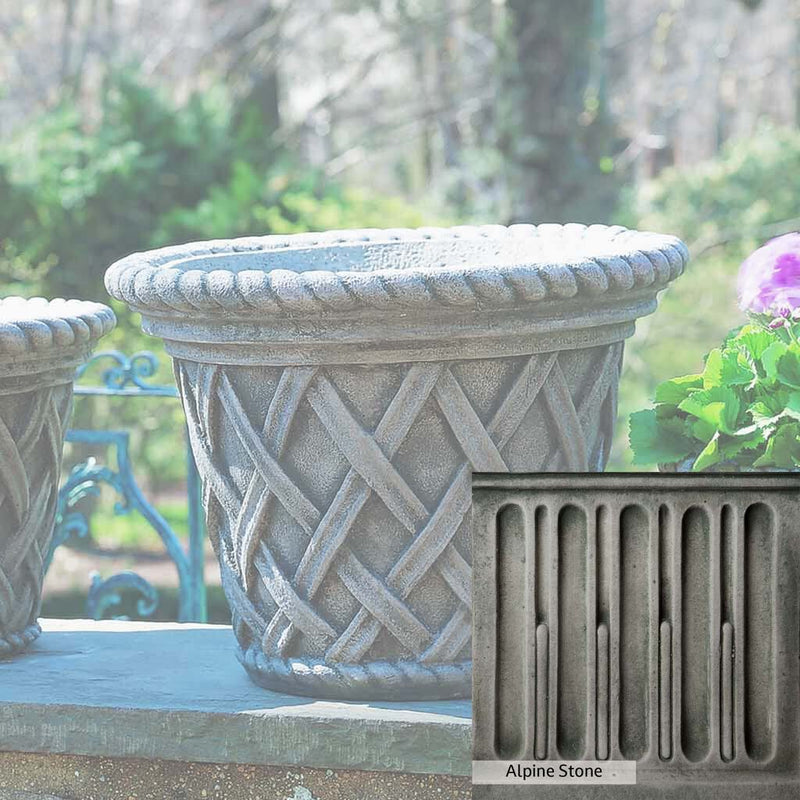 Alpine Stone Patina for the Campania International English Weave Large Planter, a medium gray with a bit of green to define the details.