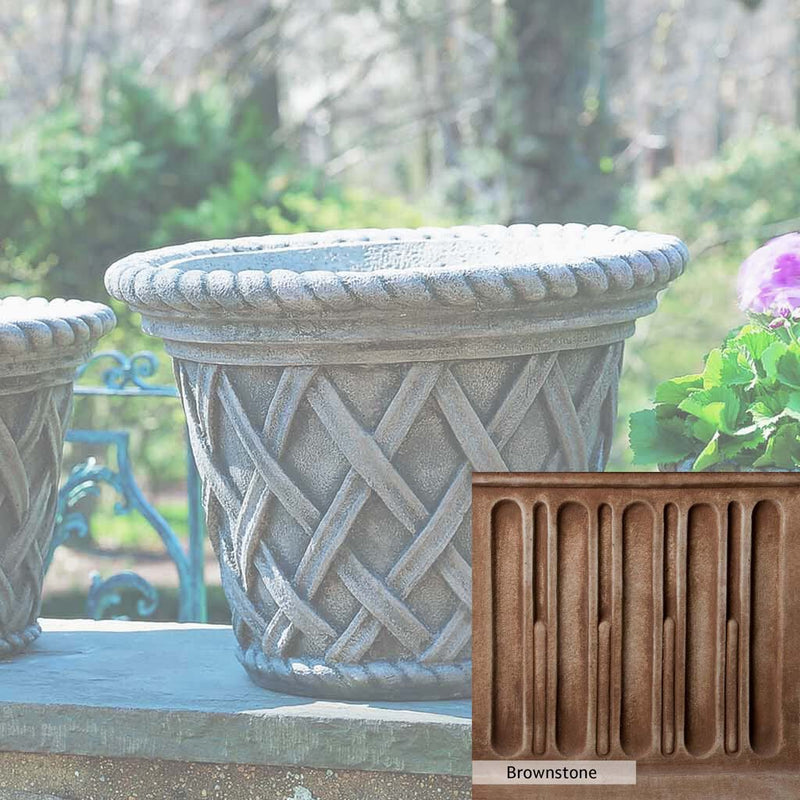 Brownstone Patina for the Campania International English Weave Large Planter, brown blended with hints of red and yellow, works well in the garden.