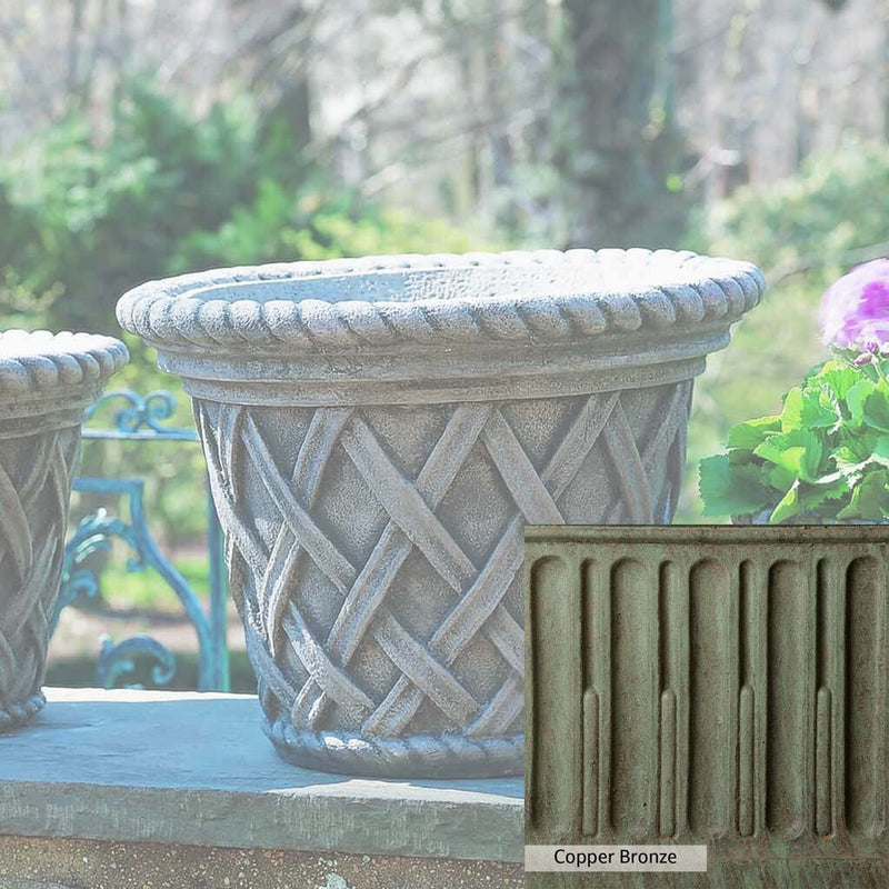 Copper Bronze Patina for theCampania International English Weave Large Planter, blues and greens blended into the look of aged copper.