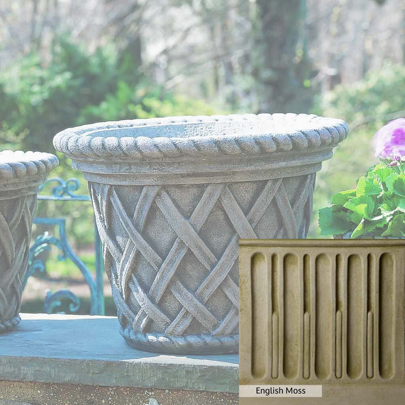 English Moss Patina for the Campania International English Weave Large Planter, green blended into a soft pallet with a light undertone of gray.