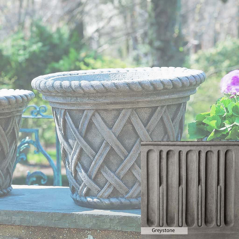 Greystone Patina for the Campania International English Weave Large Planter , a classic gray, soft, and muted, blends nicely in the garden.