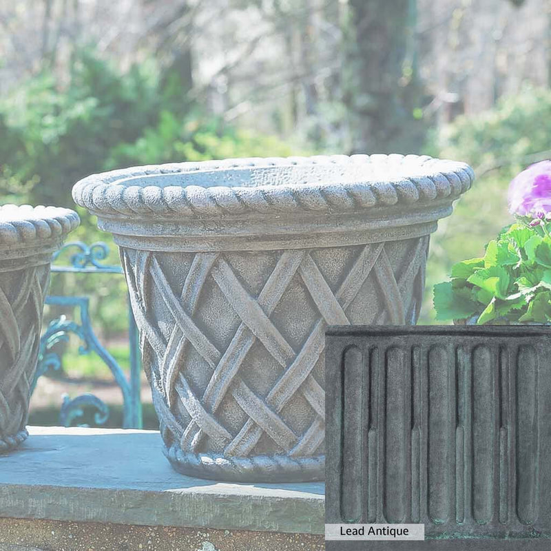 The Lead Antique Patina for the Campania International English Weave Large Planter, aged blue and grey layered to give the look of a classic antique lead patina.