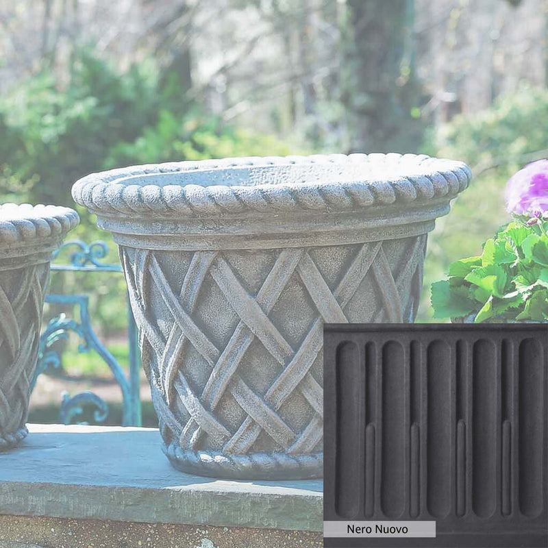 Nero Nuovo Patina for theCampania International English Weave Large Planter, bold dramatic black patina for the garden.