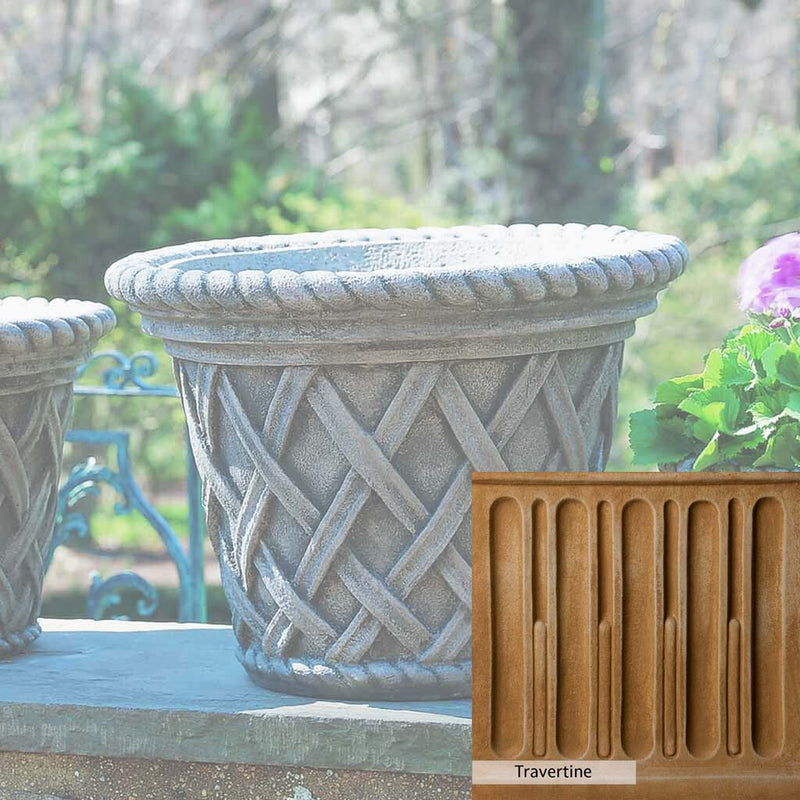Travertine Patina for the Campania International English Weave Large Planter, soft yellows, oranges, and brown for an old-word garden.