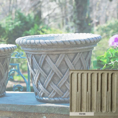 Verde Patina for the Campania International English Weave Large Planter, green and gray come together in a soft tone blended into a soft green.