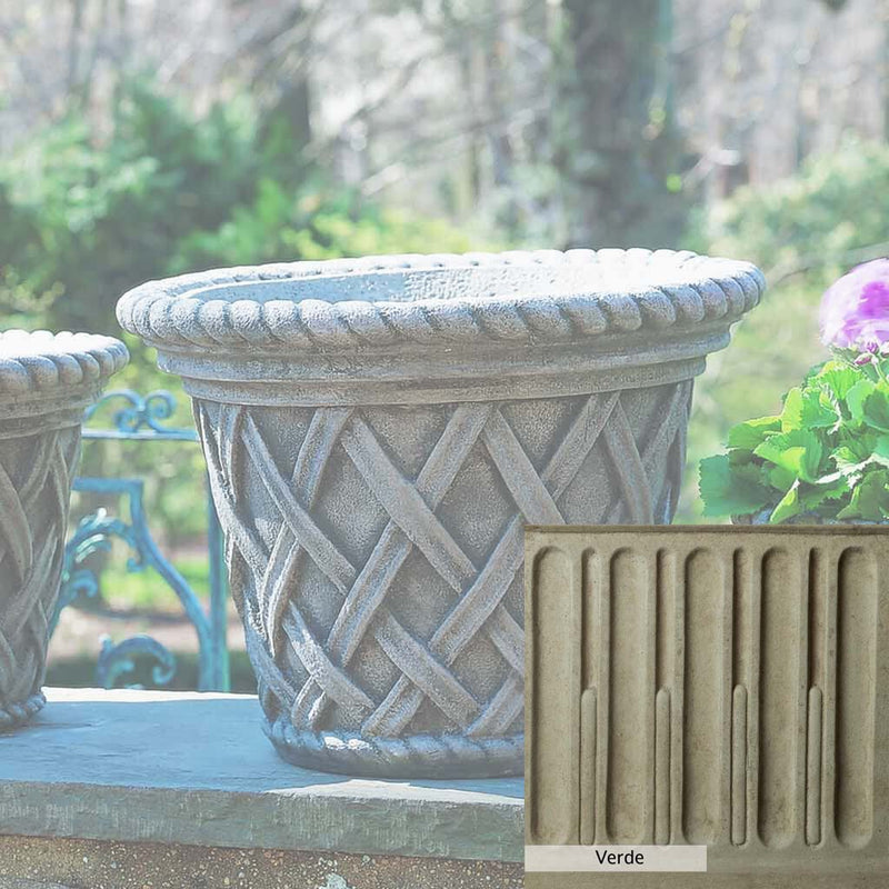 Verde Patina for the Campania International English Weave Large Planter, green and gray come together in a soft tone blended into a soft green.