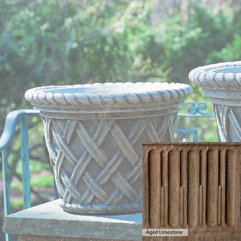 Aged Limestone Patina for the Campania International English Weave Medium Planter, brown, orange, and green for an old stone look.