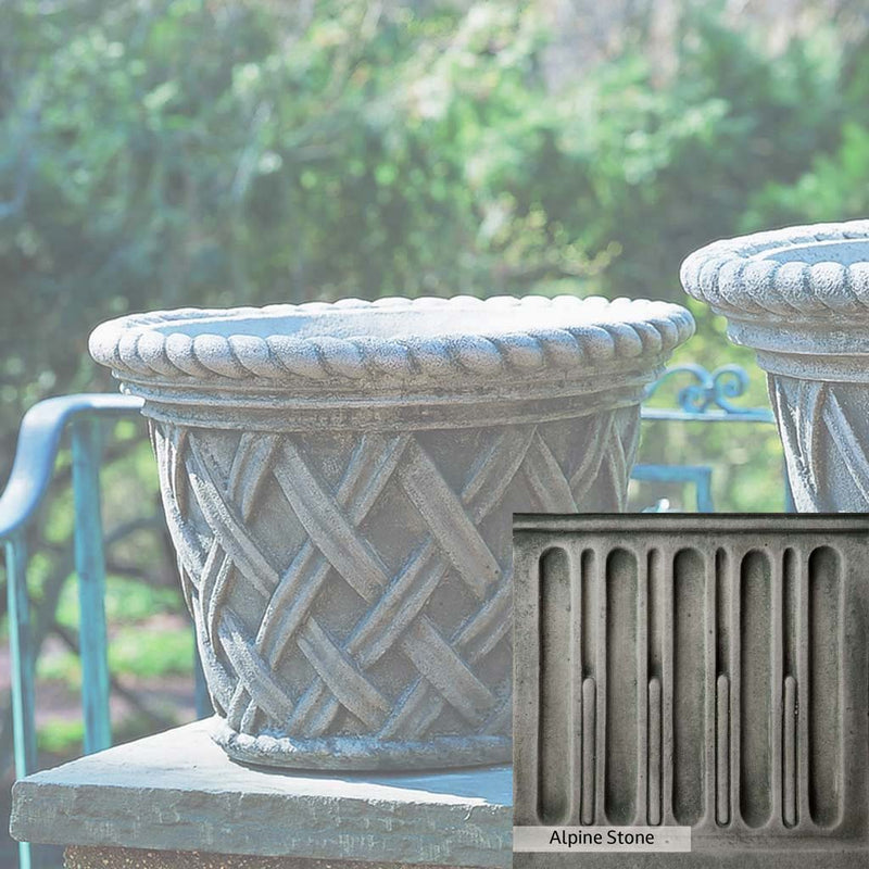 Alpine Stone Patina for the Campania International English Weave Medium Planter, a medium gray with a bit of green to define the details.